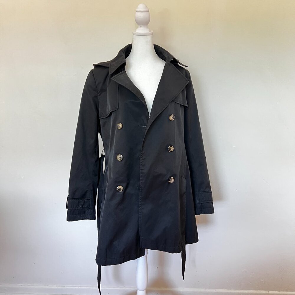 DKNY Black Trench Rain Jacket Double Breasted Lined Belted Classic L Outdoor - Picture 7 of 15